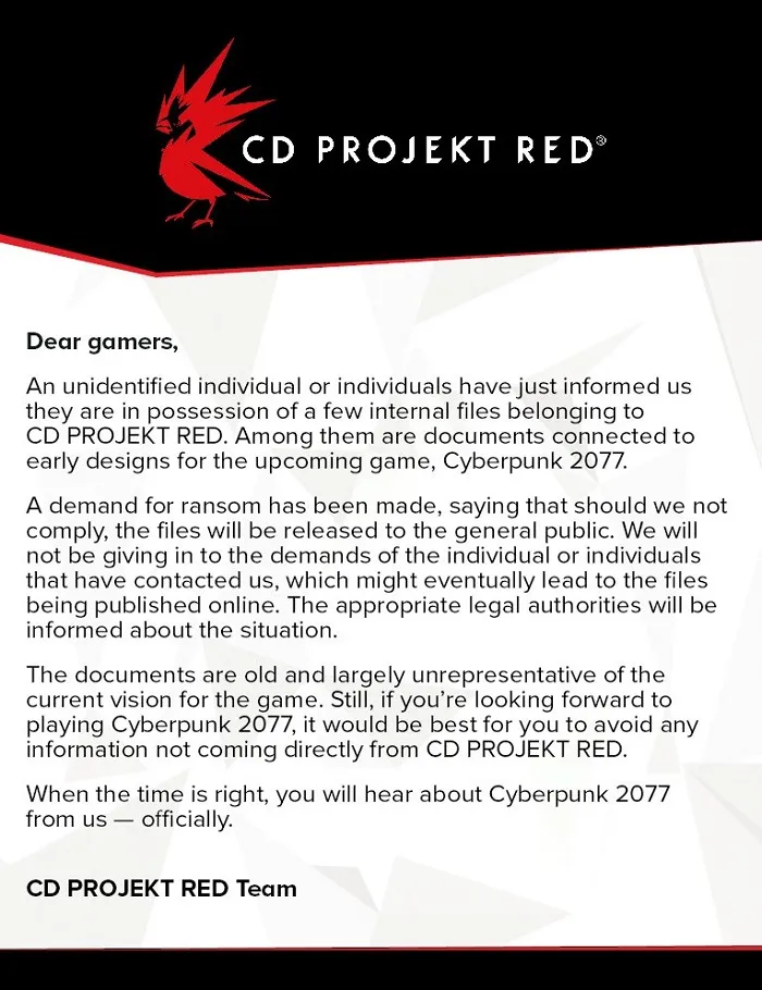 CD Projekt RED遭遇黑客泄密，《Cyberpunk 2077》资料恐被公布