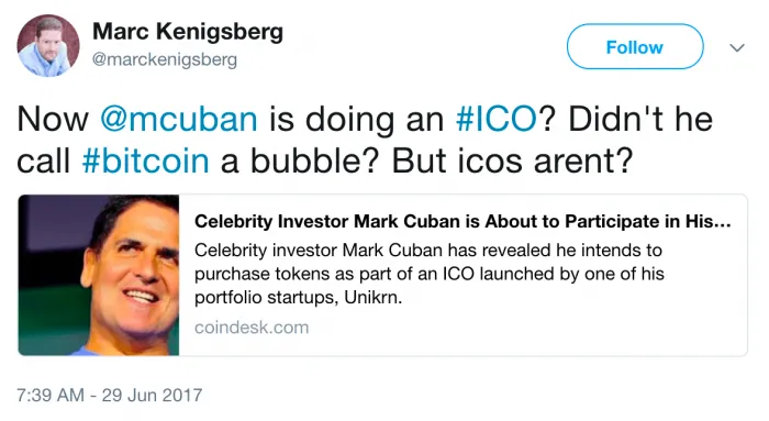 认为比特币是泡沫的马克·库班正参与ICO融资