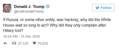 白宫暗示普金授权DNC网络攻击行动 借此协助特朗普当选美国总统