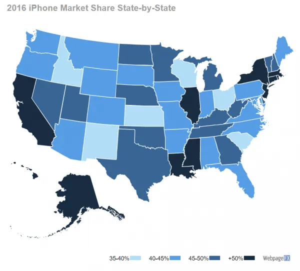 [图表]美国本土：富裕区用iPhone收入低用三星