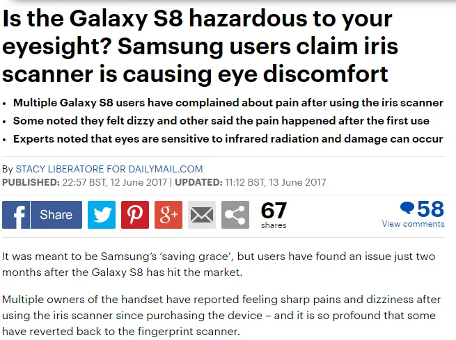 虹膜识别致白内障?三星Galaxy S8 虹膜识别遭外媒质疑