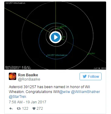 新发现的小行星以《星际迷航》男星威尔·惠顿命名