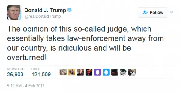 特朗普利用Twitter回击暂缓移民禁令法官：他是一位“所谓的法官”