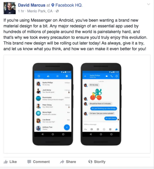 [图]Facebook Messenger更新：部署Material Design风格