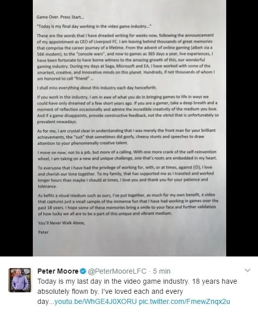 风云突变 EA总裁Peter Moore发信告别游戏业界