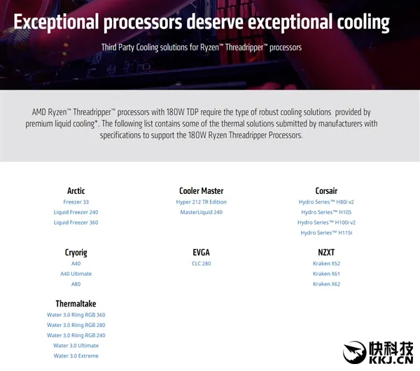 AMD 16核心功耗达180W：官方推荐21款水冷散热器
