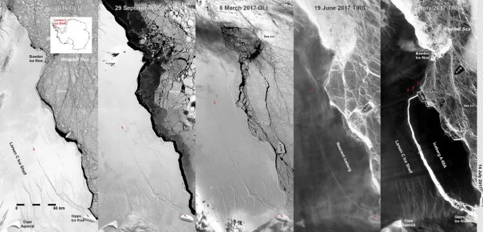 NASA最新卫星红外图像展示南极洲怪兽级冰山断裂画面