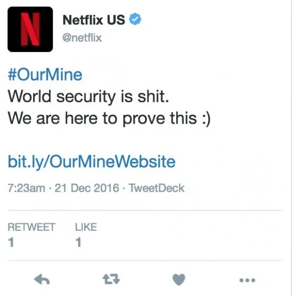 黑客小组OurMine夺取Netflix官方Twitter帐户控制权